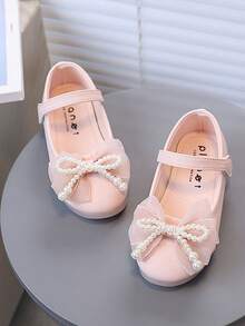 1 双 PU 时尚平底鞋，女童公主鞋，带珍珠和蝴蝶结装饰，休闲舒适轻便百搭舞鞋，适合学校、派对（尺码偏小，建议订购大一码） - 粉色 - 查看 2