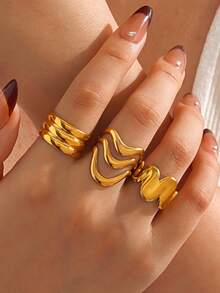 3 件套不锈钢 18K 镀金波浪线戒指，适合女性日常佩戴 - 彩色 - 查看 2