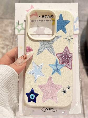 1 pieza Funda protectora de teléfono suave, a prueba de caídas y antideslizante con patrón de estrella plateada y textura de litchi, compatible con Apple y otros teléfonos, resistente al agua, a los golpes y a los arañazos