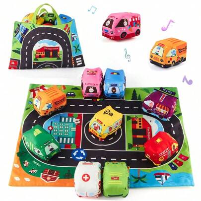 Soft Baby Cloth Car Toys With Storage Bag, Stuffed Toys With Rattle For Toddlers Age 12+ Months, Infant Baby Toys Age 1+, 1st Birthday Gifts For Toddler Toys Age 1-2