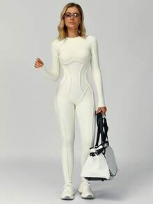 MASKERT 女士运动服瑜伽服连体裤跑步运动健身服高弹瑜伽服居家休闲舒适亲肤 - 奶油白 - 查看 7