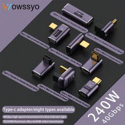 WOWSSYO 1pc 90 Degree USB-C Adapter, USB4.0 Type-C Adapter Supporting Thunderbolt 3, 40Gbps Data Transfer, 240W Fast Charging, 8K@60Hz Video Output, Compatible With Laptops, Tablets And Smartphones