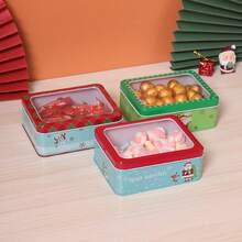 1pc Merry Christmas Transparent Rectangular Santa Claus Candy Box, Iron Biscuit Chocolate Gift Packaging Tin Box, Christmas Decor, Airtight Cookie Tin