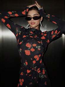 Damen Rosenbedruckte Bodysuit-Hosen-Sets Weibliche Blumen Hoher Kragen Lange Ärmel Wickelleggings Sexy High Street Fashion Hosenanzüge - Spitze - Übersicht 5