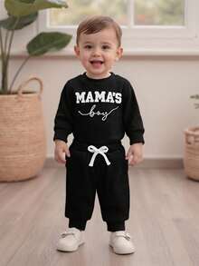Newborn Baby Boys Outfit Waffle Knit Long Sleeve Mama's Boy Embroidery Sweatshirt Top Pants Set Infant Bodysuit Fall Winter Clothes - 黑色 - 查看 3