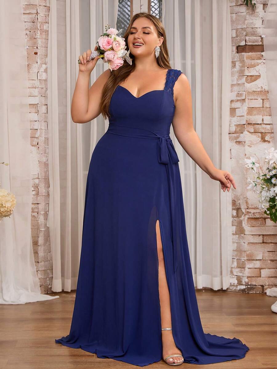 Váy phù dâu bằng vải chiffon xẻ đùi cỡ lớn cho nữ - Màu xanh hải quân - Xem 1