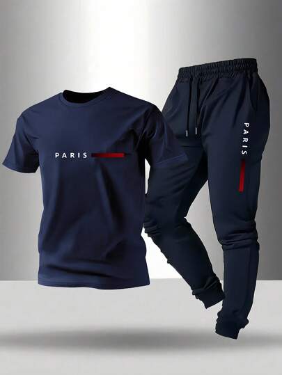 GRDR Conjunto casual de camiseta de cuello redondo de manga corta con estampado y pantalón largo con cordón para hombre