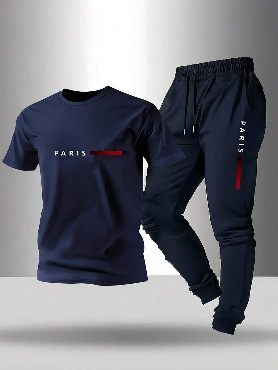 Bộ đồ nam GRDR gồm áo thun ngắn tay cổ tròn in họa tiết và quần dài có dây rút, kiểu dáng thường ngày. - Màu xanh hải quân - Xem 1