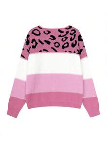 Women's Oversized Cute Colorblock Leopard Print Sweater, Casual Comfortable Ribbed Knit Crew Neck Long Sleeve Pullover Top - Multicolor - View 5