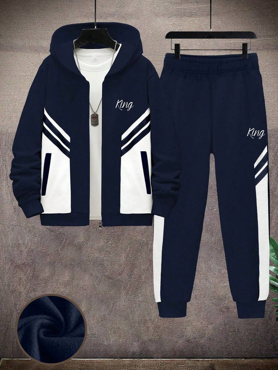 2pcs/Set Boys & Teens Casual Sports Contrast Color KING Print Hoodie Sweatshirt And Contrast Color Pants Set, Spring/Autumn - Navy Blue - View 1
