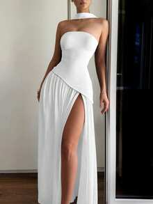 女士优雅双材质吊带无袖高开衩连衣裙，适合婚礼宾客、派对和度假，春夏派对白色 - 白色 - 查看 2