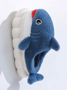 1 Pair Cute Shark Design Children's Slippers, Plush Cartoon Indoor Shoes For Toddler Boys, Winter - Baby Blue - View 3