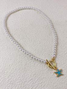 1 pieza Collar con colgante de estrella de mar de acero inoxidable con cierre de T, diseño de perla falsa, adecuado para mujeres en verano y viajes (no incluye caja de joyería) - estrella de mar - Ver 9