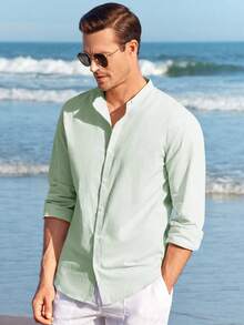 Runcati Men Linen Shirt Button Down Long Sleeve Cotton Beach Band Collar Casual Summer Shirts - 薄荷綠 - 查看 2