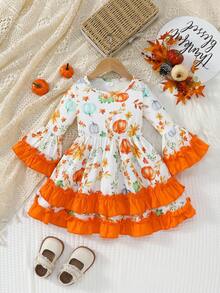 Girl's Single Piece Thanksgiving Party Dress Halloween New Pumpkin Maple Leaf Full Print Round Neck Multi-Layer Pleated Lace Contrasting Horn Long Sleeved Holiday Casual Single Piece Umbrella Shaped Dress - Nhiều màu - Xem 1
