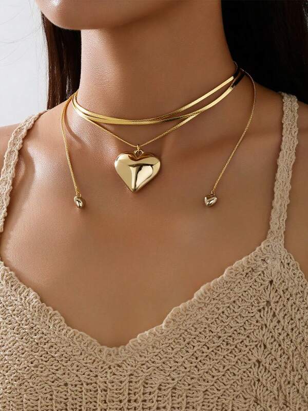 1 pieza Dije de corazón con  con capas de corazones de color dorado fashionable y adorable para mujeres, apto para vacaciones, citas y uso diario