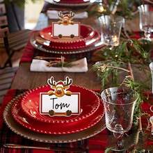 10/20/50 Tarjetas de decoración de mesa navideña, tarjetas de papel con nombres de asientos de renos para decoración de mesa navideña, adecuadas para decoración de fiesta de Navidad con tarjetas de nombre de asientos