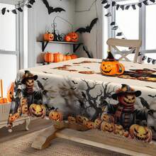 1 pieza Mantel con tema de Halloween, estampado desgastado de calabaza espeluznante, espantapájaros, murciélago, cuervo, árbol marchito, decoración para fiesta de Halloween, fiesta de otoño, decoración del hogar para días festivos, apto para interior y exterior, redondo/rectangular/mantel - Multicolor - Ver 3