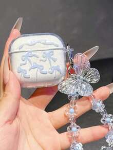 1 pieza Estuche de auriculares a prueba de golpes de TPU con lazo azul, concha brillante y colgante de mariposa, compatible con modelos de auriculares Apple