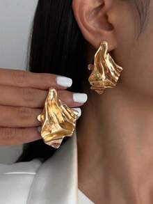 1pair Vintage Asymmetrical Abstract Metal Leaf Drop Earrings, Minimalist Chic Jewelry Gifts For Women, Suitable For Daily, Festival, Party And Banquet Decoration - 黃金 - 查看 5