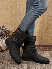 秋冬新款女式黑色保暖靴，时尚圆头软皮马靴，西式侧拉链靴 - 黑色 - 查看 5