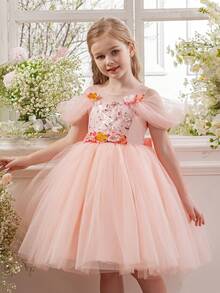 Rochie de prințesă din tul din plasă cu paiete de flori pentru fetiță, potrivită pentru zile de naștere, petreceri, nunți, rochie de flori sau domnișoare de onoare, sărbători - Roz - Vizualizare 10