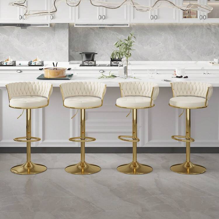 Bar Stools Set Of 2/Set Of 4, Adjustable Barstools Counter Height Stools With Back And Arm, Velvet Woven Kitchen Island Stools W/Gold Metal Leg & Base, 360° Swivel Bar Chair - trắng - Xem 10