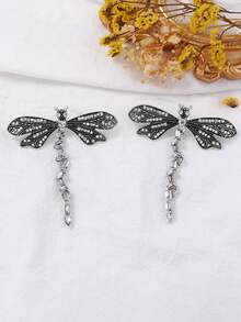 1pc Fashionable Alloy Rhinestone Dragonfly Earrings, Minimalist Unique Design High-End Women Earrings