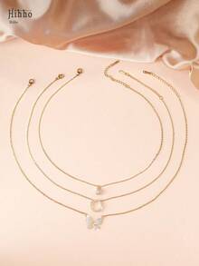 Hihho Bộ 3 dây chuyền thép không gỉ thời trang và thanh lịch, đính đá Cubic Zirconia lấp lánh, thiết kế hình cầu và bướm 3D, quà tặng trang sức sang trọng sáng tạo cá nhân hóa dành cho phụ nữ - Vàng - Xem 3