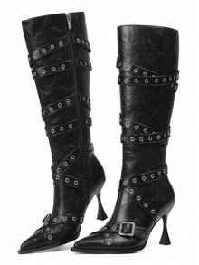 Women Winter Boots Knee High Buckle Kitten High Heels Luxury Elegant Fashion Design Halloween Shoes For Woman - 黑色 - 查看 1