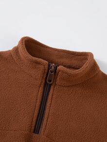 Set de 2 piezas de sudadera con capucha y pantalones forrados de felpa para niños, sudadera con cuello alto y media cremallera, y pantalones, estilo básico y minimalista, cálido para otoño/invierno