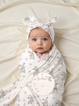 新生儿兔子摄影襁褓包裹套装，婴儿印花摄影背景，婴儿摄影道具