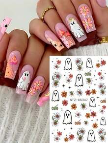 2 件万圣节可爱鬼花美甲贴纸卡通恐怖不给糖就捣蛋自粘滑块指甲饰物美甲用品 - 彩色 - 查看 3