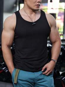 Obcisła męska koszulka sportowa z nitkami, wysoka elastyczna, amerykańska, jednokolorowa, bez rękawów, kamizelka sportowa bez spodni - Czarne - Zobacz 3