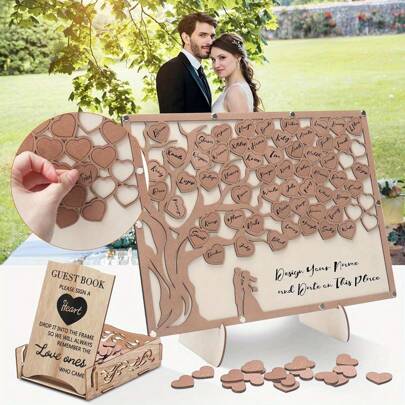 1 套 HYMENEX 婚礼宾客留言簿替代品，婚宴宾客留言簿，带有木质心形标志的宾客留言簿，适用于结婚周年纪念日生日派对