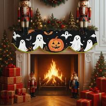 1 Black Orange Halloween Fireplace Scarf With Pumpkin Lantern, Bat And Spider Web Patterns, Made Of Polyester Fabric, Suitable For Halloween Decoration, Party Supplies, Table Flags Or Fireplace Covers, Perfect For Home Living Room Fireplace Door And Window Decoration