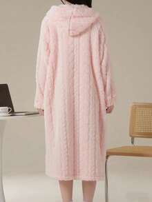1pc Solid Color Wool Jacquard Casual Robe, Autumn/Winter Warm Thermal Lined Long Sleeve Flannel Hooded Loose Robe/Fluffy Bathrobe With Pockets, Women Sleepwear, Fall, Cozy - 淺粉色 - 查看 2