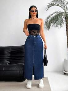 2025 falda de Mezclila suelta y delgada con caderas a, tenedor abierto, falda vaquero casual de media y larga duración, mujer de 4 colores - Azul Marino - Ver 5