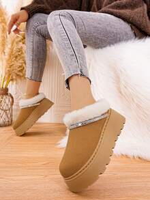 Damskie, jednokolorowe, ocieplane, grube, ciepłe buty śnieżne z kryształkami, modne, zimowe botki na platformie z miękką, pluszową podszewką, antypoślizgowe, wygodne, wsuwane buty z grubą podeszwą