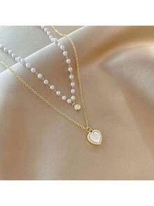 1 Piece Unique Clavicle Necklace With Faux Pearl Double-Layer Pendant, Heart And Cat's Eye Decorative, Gift For Valentine's Day, Mom, Mother's Day - 白色 - 查看 1