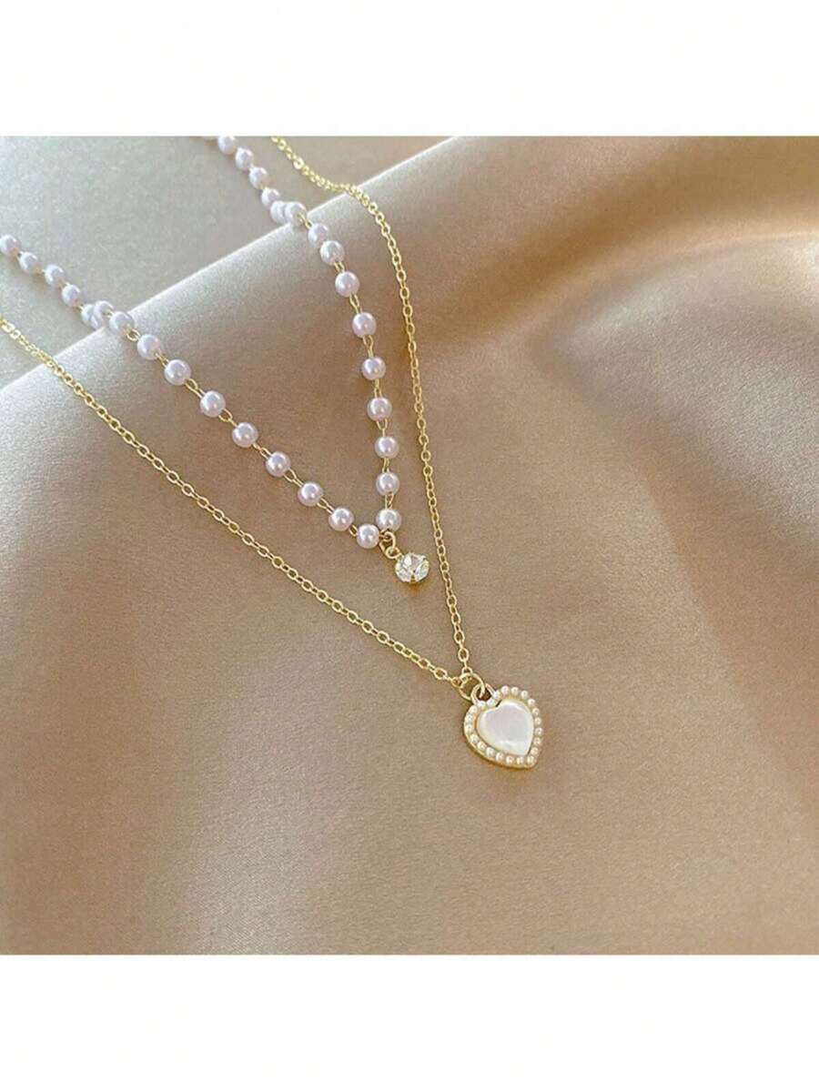 1 Piece Unique Clavicle Necklace With Faux Pearl Double-Layer Pendant, Heart And Cat's Eye Decorative, Gift For Valentine's Day, Mom, Mother's Day - 白色 - 查看 1