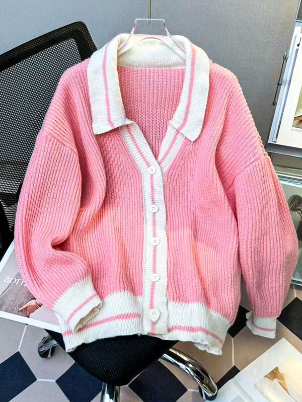 JIANHU Rosa-weiß gestreifter Strick-Cardigan - Herbst/Winter Revers-Cardigan mit Knöpfen und Rippbündchen, geeignet für Weihnachtspartys und gemütliche Date-Abende