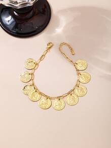 1 pieza Pulsera vintage con moneda y cadena ovalada para mujeres, adecuada para festivales