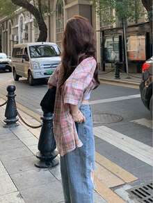 YUXIN 复古美式小众设计女式短袖格子衬衫，轻盈夏季防晒夹克，宽松百搭小码衬衫 - 粉色 - 查看 5