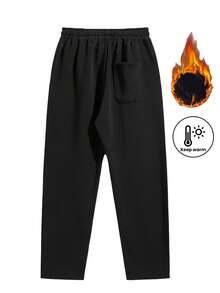 男士保暖内衬宽松休闲运动裤，户外运动加厚直筒裤，适合秋冬季穿着 - 黑色 - 查看 3