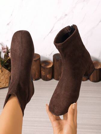 Fall/Winter Women's Chunky Heel Round Toe Ankle Boots With Back Zipper, Faux Suede Material, Elegant Stretch Brown High Heel Short Boots,Boots For Women