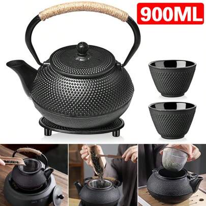 Stovetop 4 In 1 Tetsubin Teapot Set Japanese Cast Iron 900ml Kettle Cups Tea Pot