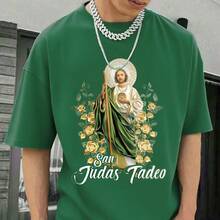 Men's Religious T-shirt|Golden Embossed  Tadeo Saint Portrait|Official Licensed Catholic Apparel|100% Cotton|Unisex Devotional Wear| Gift for Faith Followers - Verde - Ver 2