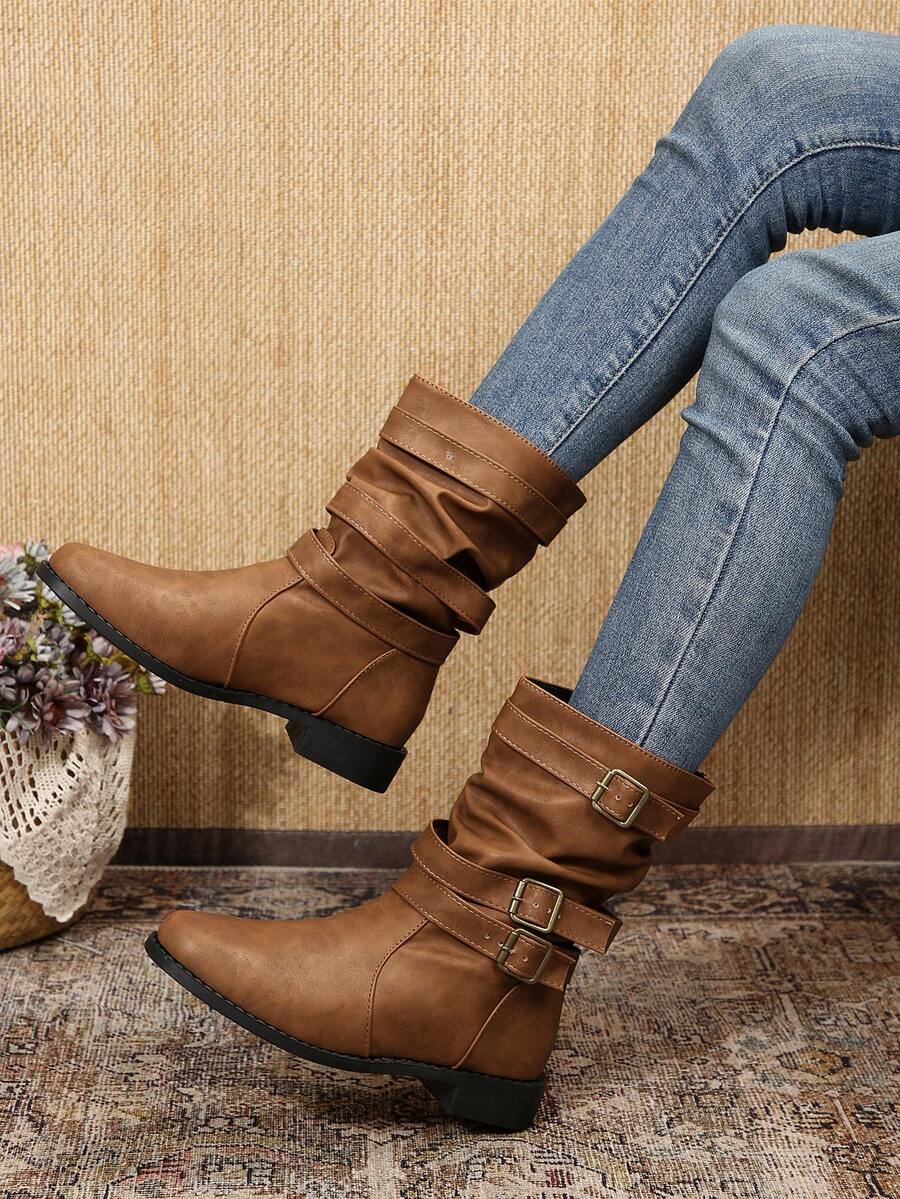 Fall/Winter New Women's Black Warm Boots, Fashionable Round Toe Soft Leather Riding Boots, Western Style Side Zipper Boots