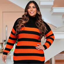 Plus Size Cold Knit Cacharrel Blouse With Thick Stripes And High Neck For Women - Orange - View 2
